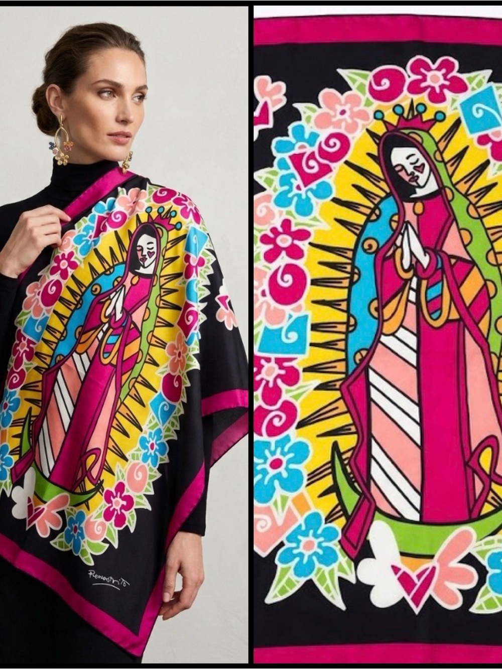 Romero Britto Silk Limited  Edition Virgin Mary Print Bold Religious Scarf 35”